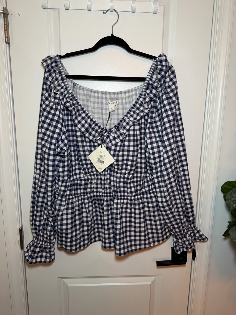 Women’s Navy & White Gingham Peplum Dress